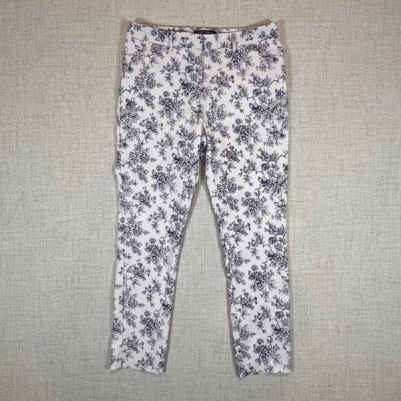 Mario Serrani White Pants with Navy Blue Floral Print | Women's 4 - Picture 1 of 7